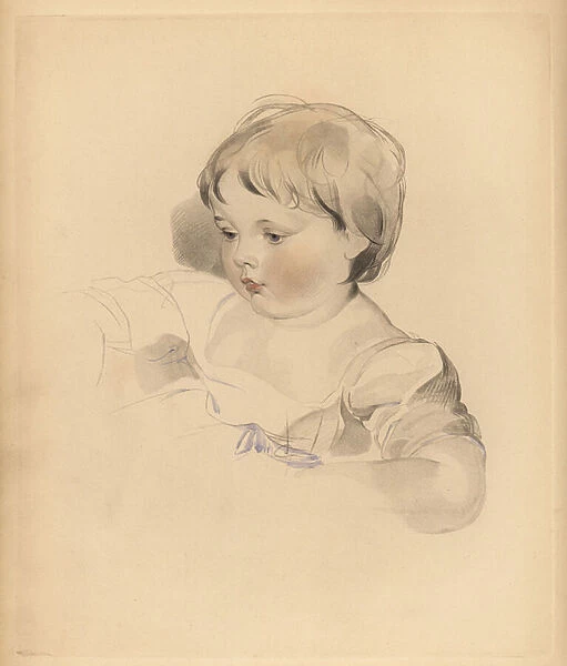Portrait of Rowland Bloxam, nephew to Sir Thomas Lawrence. Chubby boy in dress tied with blue ribbon. Hand-tinted engraving by Frederick Christian Lewis after an illustration by Sir Thomas Lawrence from P. G