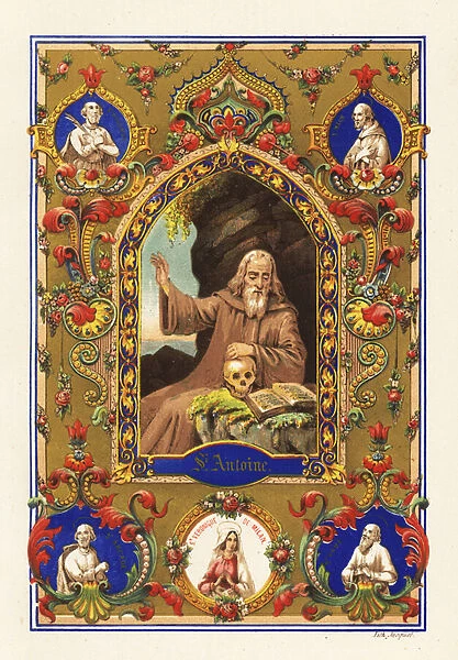 Portrait of Saint Anthony, Antony the Great, with Bible and human skull in a decorative border of foliage and pearls