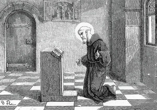 Portrait of Saint Bede the Venerable (Beda Venerabilis) (672-735) Monk and Doctor of the Church (St Bede the Venerable). 19th century (engraving)