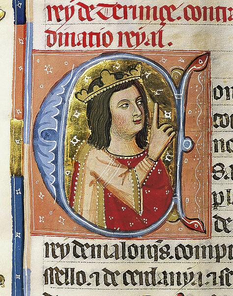 Portrait of Sanche I, King of Mallorca (Sancho I, 1277-1324, miniature in 'Llibre de franqueses i privilegis del Regne de Mallorca', Fol. 37, 1334-1339 (miniature)