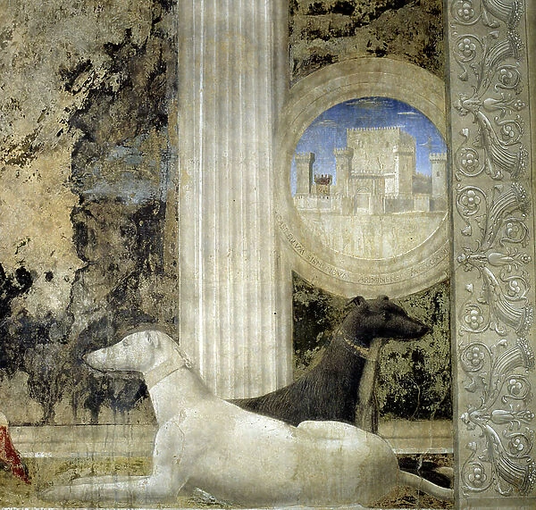 Portrait of Sigismondo Pandolfo Malatesta (1417-1468) in prayer before San Sigismondo (Sigismondo). Two dogs. Fresco by Piero della Francesca (1415 / 1420-1492) 1451. Tempio Malatestiano. Rimini