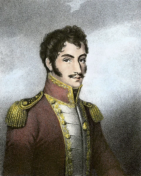 Portrait of Simon Bolivar (1783-1830), nicknamed the liberator, figure of the emancipation of the Spanish colonies of South America. Colour engraving of the 19th century