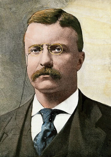 Portrait of Theodore Roosevelt (1858-1919), President of the United States - Colorised engraving after a photograph - US President Theodore Roosevelt - Hand-colored printed halftone reproduction of a photograph