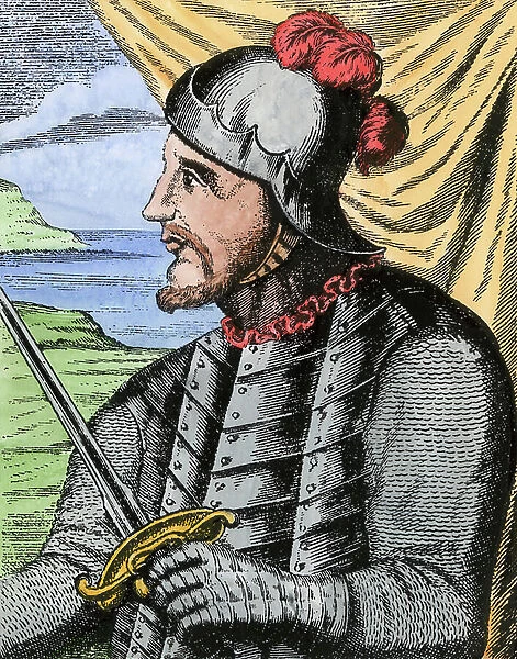 Portrait of Vasco Nunez de Balboa, Spanish conquistador (1475-1517). Lithograph based on an illustration published in 1728
