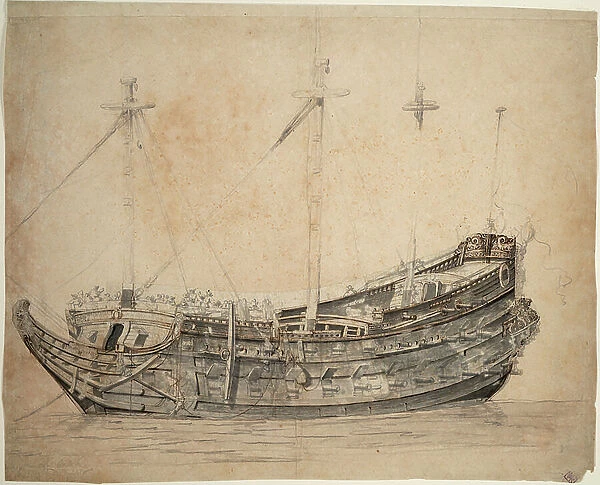 Portrait of the Vrijheid, 50-gun ship of the Amsterdam Admiralty, built in 1651 and blown up in action in 1676, c.1653 (graphite, grey wash, brown pen, ink)