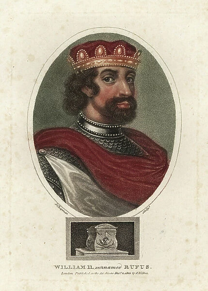 Portrait of William II or William Rufus, (William II of England known as William the Red) (c1056-1100), King of England, in crown, cloak and breastplate. Handcoloured copperplate engraving from John Wilkes Encyclopedia Londinensis, 1802