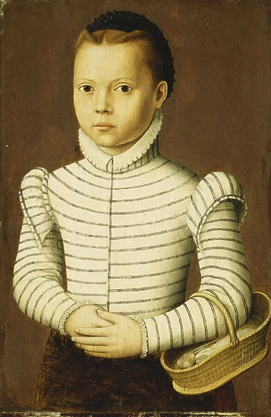 Portrait of a Young Girl Wearing a Black and White Costume Holding a Basket