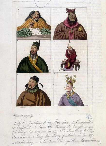 Portraits: 1. Fouhi, founder of the monarchy, 2. Kung-Tseeus or Confucius, 3. Tsin-Chic-Huang-Tsi, emperor who burned the books, 4. Laozi or Lao-Tseu, 5. Tang-Tay-Tsong, founder of the Tang Dynasty, 6