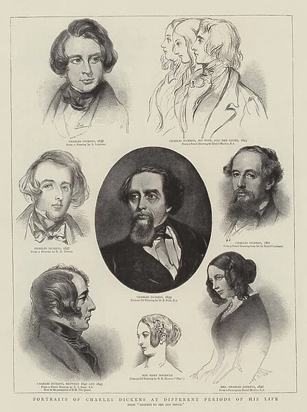 Portraits of Charles Dickens at different Periods of his Life (engraving)