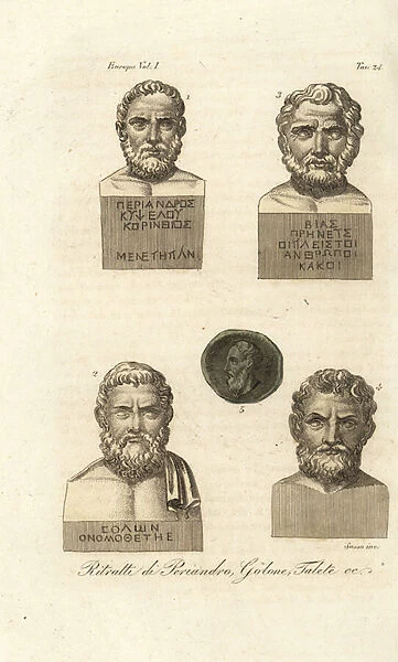 Portraits of Corinthian ruler Periander 1, Athenian statesman Solon 2, Bias of Priene 3, Greek mathetician Thales of Miletus 4, and Pittacus of Mytilene 5