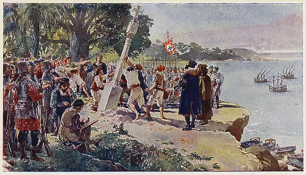 Portuguese raising a stone pillar at the mouth of the River Congo, 1482 (colour litho)
