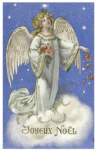 Postcard for Christmas greetings depicting an angel throwing flowers into the sky, France, 1902 (chromolithography)