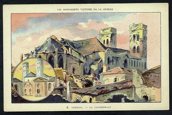 Postcard, in Colors, circa 1923: Verdun The cathedrale - War of 14 -18, Destruction buildings, Verdun