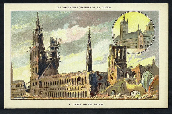 Postcard, in Colors, circa 1923: Ypres - les halles - War of 14 -18, Destruction buildings, Ypres