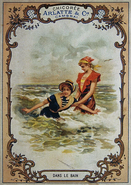 postcard depicting French women bathing in the sea near a beach, 1900
