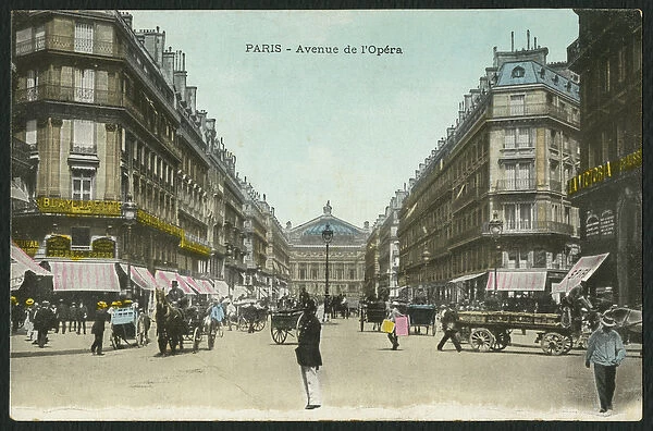 Postcard depicting the Opera Avenue in Paris, c. 1900 (coloured b  /  w photo)