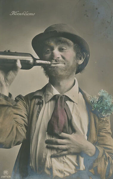 Postcard of a German drunk, sent in 1913 (hand-coloured photo)