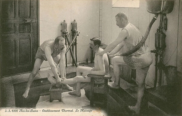 Postcard of a man being massaged in the thermal bath at Aix les Bains, sent in 1913 (b  /  w photo)