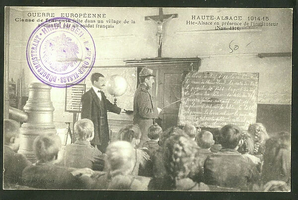 Postcard, N & B, 1914_11: European War French class made in a village of Haute Alsace - War of 14 -18, Photography, Teaching, Postal control, Provincial edition - Teacher Teacher