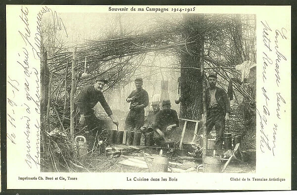 Postcard, in N & B: Remembrance of the Campaign 1914-1915 Kitchen in the Woods - War of 14 -18, Photography, Daily Life, Rolling Soup Canteen, Provincial Edition - Soldiers
