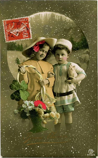 Postcard, New Year's Greetings 'Happy New Year': a little girl with a flower basket and a four-leaf clover and a boy with a piggy bank. Early 20th century