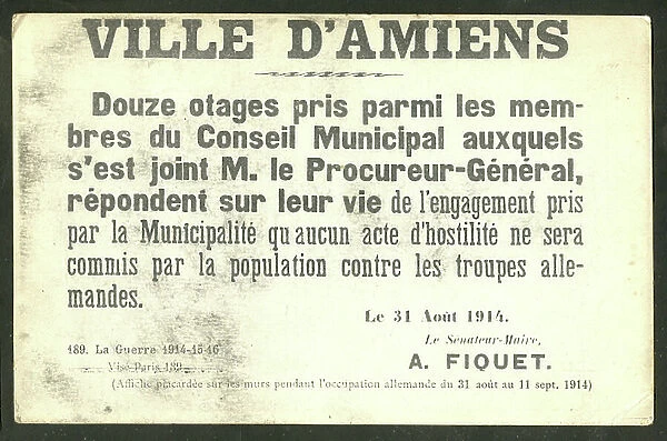 Postcard, Satirique en N & B, 1914_8_31: City of amiens - War of 14 -18, Amiens, Posters