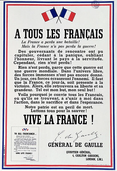 Poster of the call of 18 June 1940 sign of Charles de Gaulle