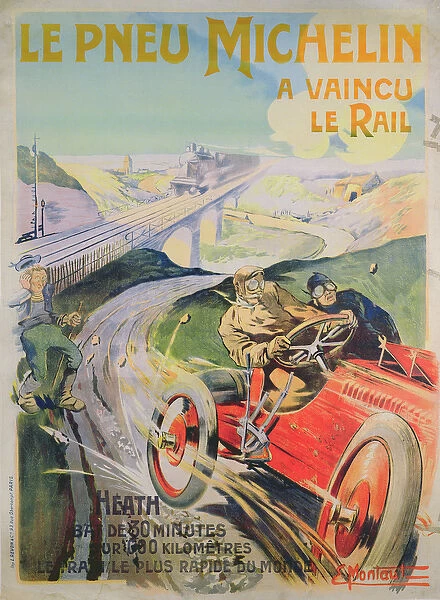 Poster advertising Michelin tyres are faster than rail! (colour litho)