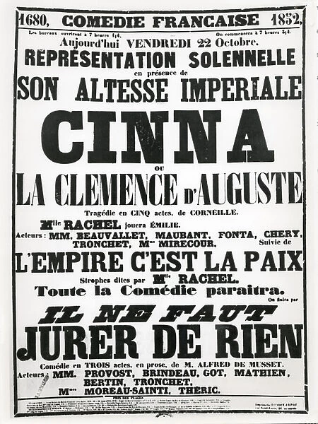 Poster advertising a performance at the Comedie-Francaise on 22 October, 1852