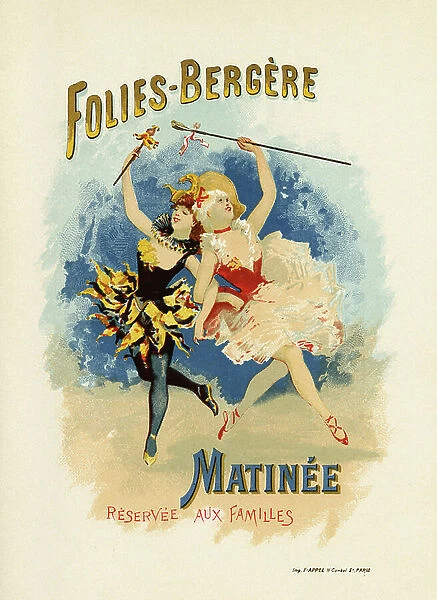 Poster of Folies Bergere, concert hall, Parisian music hall inaugurated in 1869, publicity for a programme of matinee reserved for families showing two dancers in tutu on stage, Illustration en lithographie
