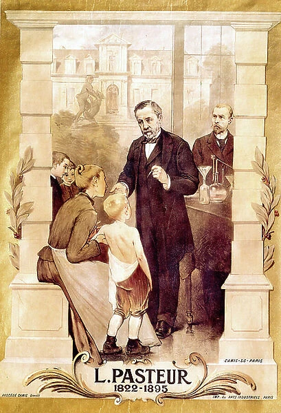 poster showing Louis Pasteur (1822-1895) French chemist and biologist who found vaccin against rabies in1885, vaccinating a child