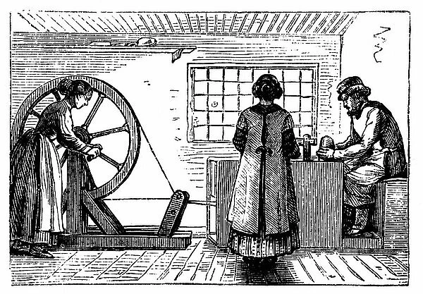 Potter's workshop with woman turning the wheel and girl baller supplying the potter with lumps of clay of the correct weight for the next vessel to be thrown. Woodcut c1860