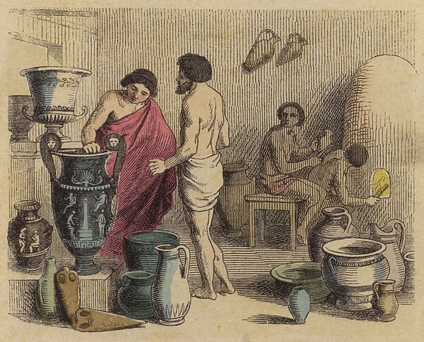Pottery workshop in Ancient Greece (coloured engraving)