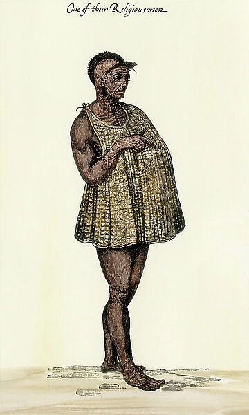 Powhatan Indian sorcerer with medical and religious responsibilities. Contemporary of the colony of Roanoke (Virginia, North Carolina, USA), circa 1585