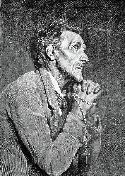Praying man holding a rosary, historical woodcut, circa 1888