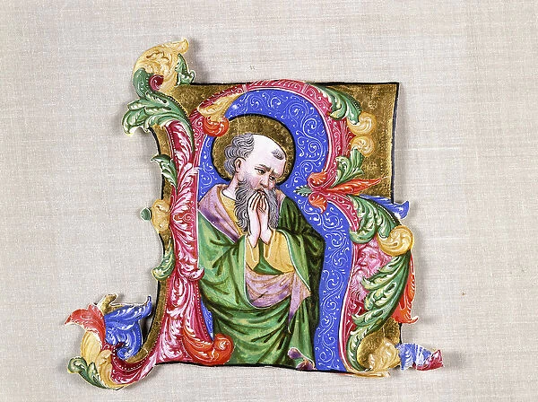 A Praying Saint, a large historiated initial R, c. 1400 (historiated initial