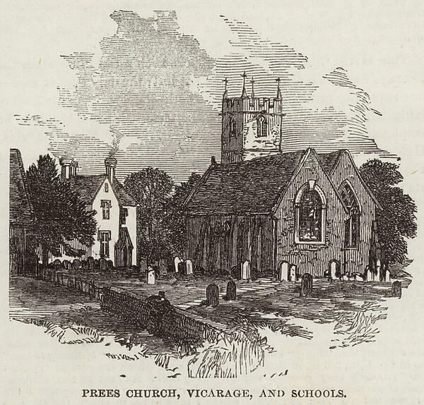 Prees Church, Vicarage, and Schools (engraving)