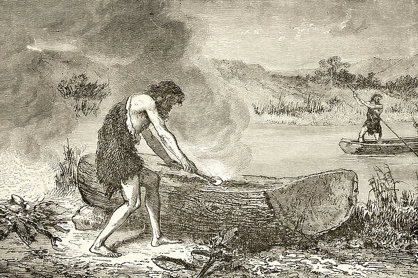 A prehistoric man using fire to fashion a canoe from a log (litho)