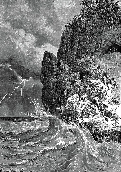 Prehistory, caves in the cliffs. Engraving 1877