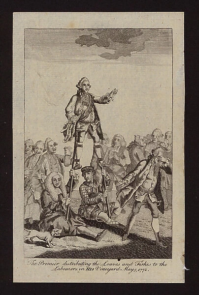 The Premier distributing the loaves and fishes to the labourers in His vineyard, May 9, 1772 (engraving)
