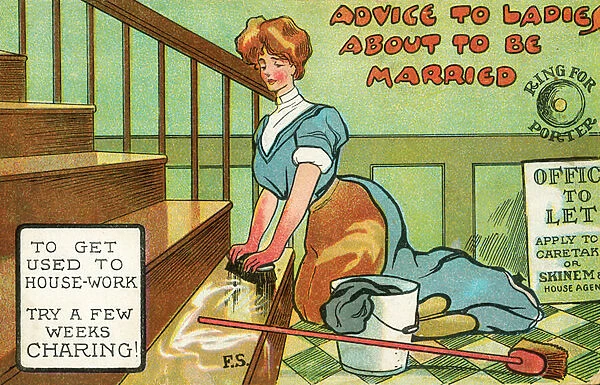 Preparation for married life: woman scrubbing a flight of stairs (colour litho)