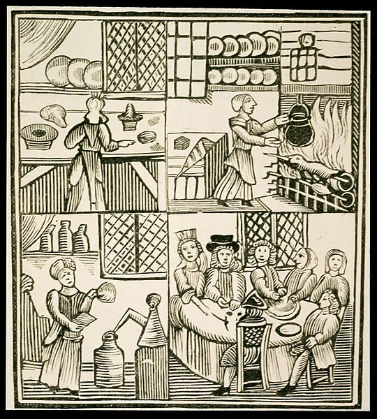 The preparation of pies, page from a 15th century cookery book (woodcut)