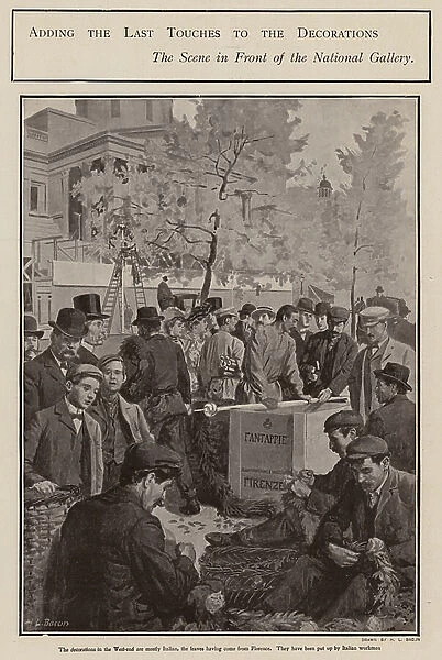 Preparing decorations for the Coronation of King Edward VII in London (litho)
