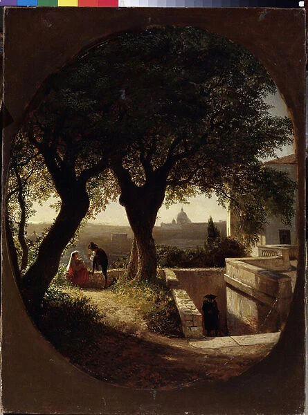 Pres de Rome (Italie) (Near Roma). Une femme assise sous des arbres avec un bebe dans les bras ecoute parler un homme vetu d un chapeau et d une cape. Un autre hommes approche d eux en montant des escaliers