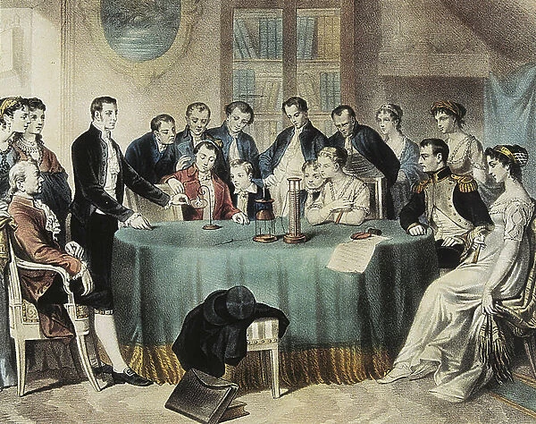 Presentation in 1801 of the experiments on the electric battery to the First Consul Napoleon Bonaparte by Volta (engraving)