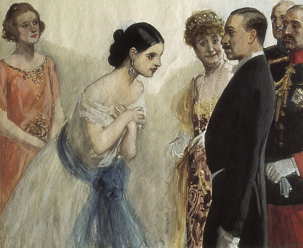 Presentation d une dame a Alfonso (Alphonse) XIII d Espagne (1886-1941). Peinture de Adolfo Lozano Sidro (1872-1935), huile sur toile. Collection privee