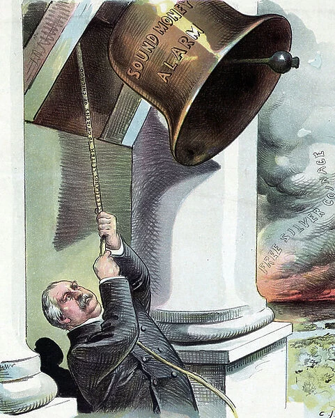President Cleveland ringing a bell labelled Sound Money Alarm, 1895