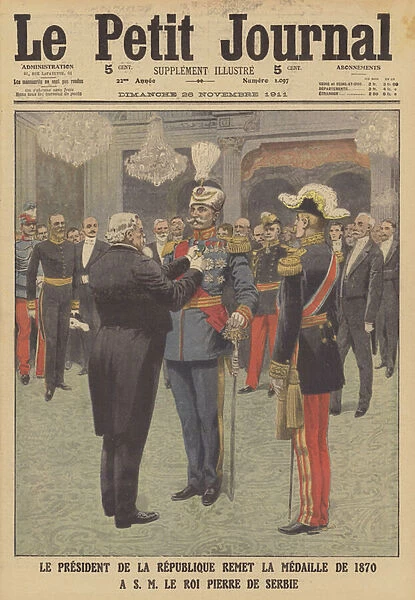 The President of France awarding the Franco-Prussian War Medal to King Peter I of Serbia (colour litho)
