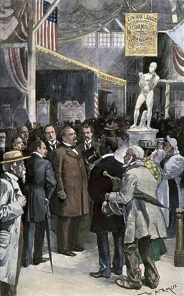 President Grover Cleveland (1837-1908) meeting with the African American delegation in the negre building, at the cotton exhibition in Atlanta State in 1895. 19th century lithography