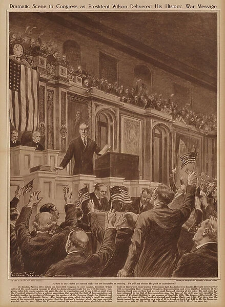 US President Woodrow Wilson asking Congress to declare war on Germany, 1917 (litho)